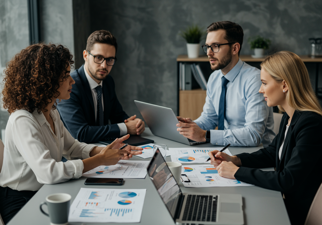 Equipo de consultores en reunión estratégica